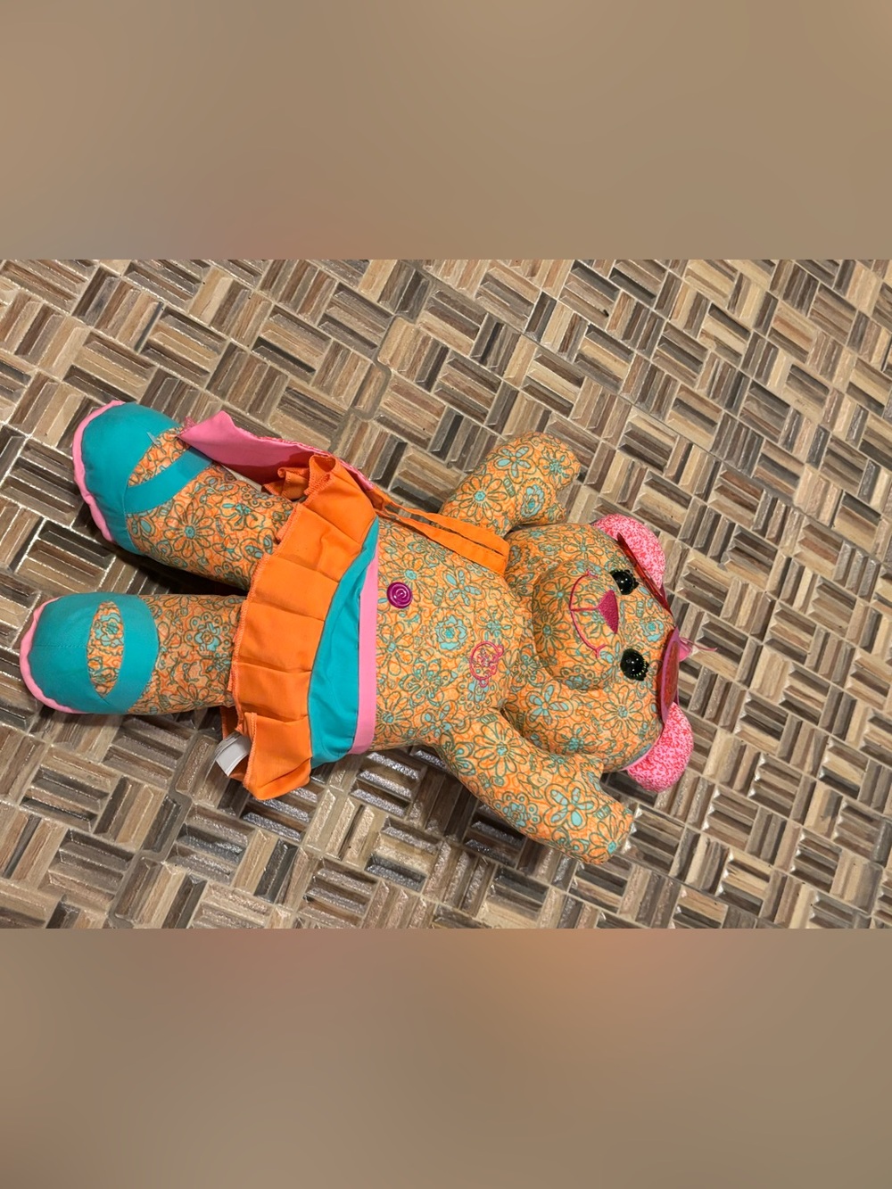 Vintage Plush Floral Orange & Teal Bunny Doll - Kids Toy